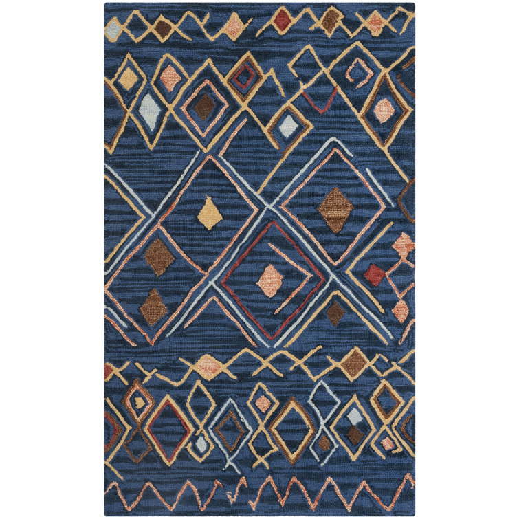 Millwood Pines Renfrow Handmade Looped/Hooked Wool Blue/Yellow Rug